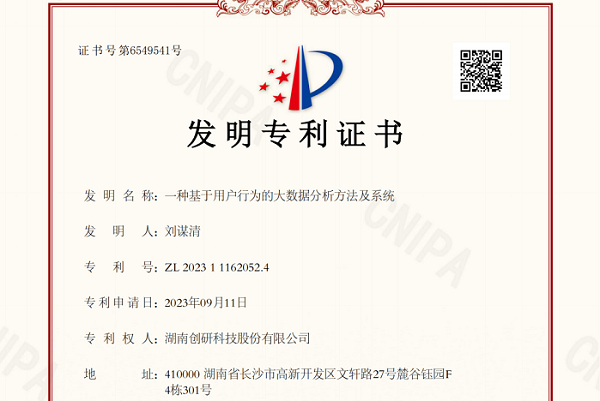 韦德国际1946-BETVLCTOR股份自研专利“一种基于用户行为的大数据分析方法及系统”已下证